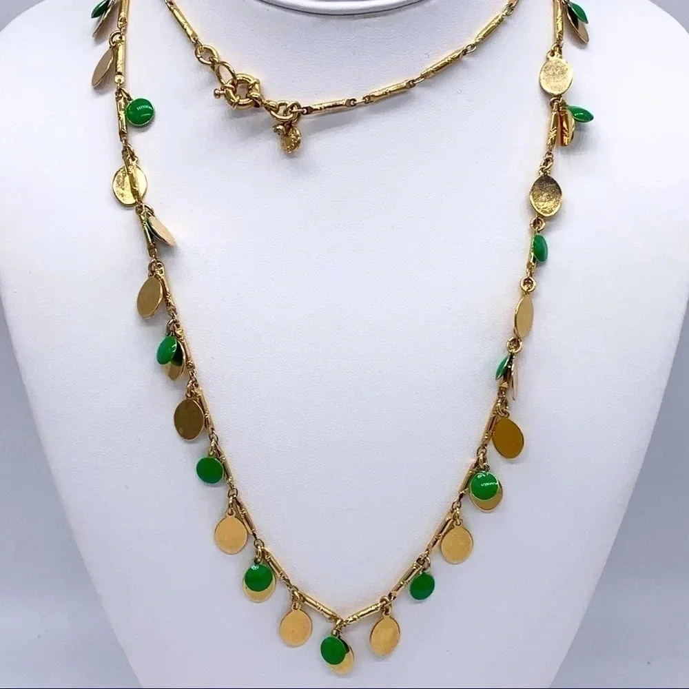 J. Crew Green Discs and Gold Dangles Necklace